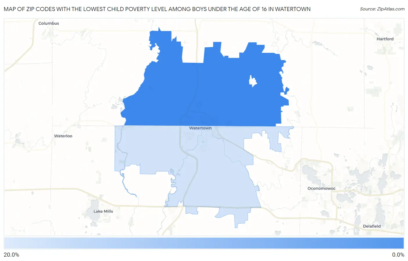 Zip Codes with the Lowest Child Poverty Level Among Boys Under the Age of 16 in Watertown Map