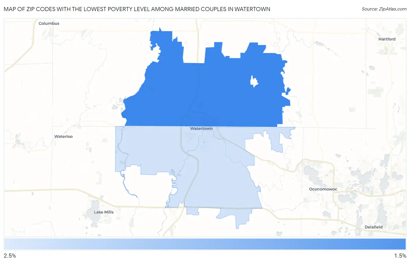 Zip Codes with the Lowest Poverty Level Among Married Couples in Watertown Map