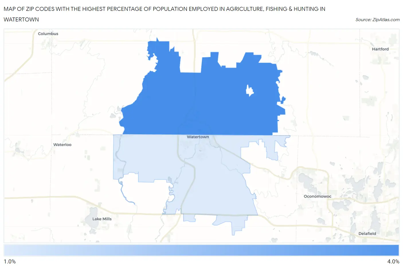 Zip Codes with the Highest Percentage of Population Employed in Agriculture, Fishing & Hunting in Watertown Map
