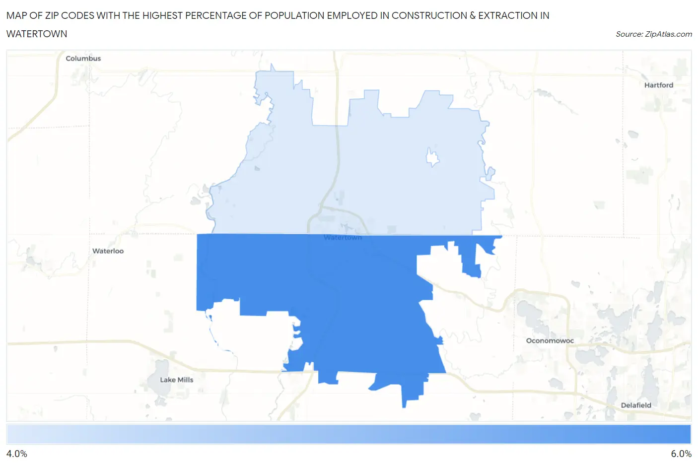 Zip Codes with the Highest Percentage of Population Employed in Construction & Extraction in Watertown Map