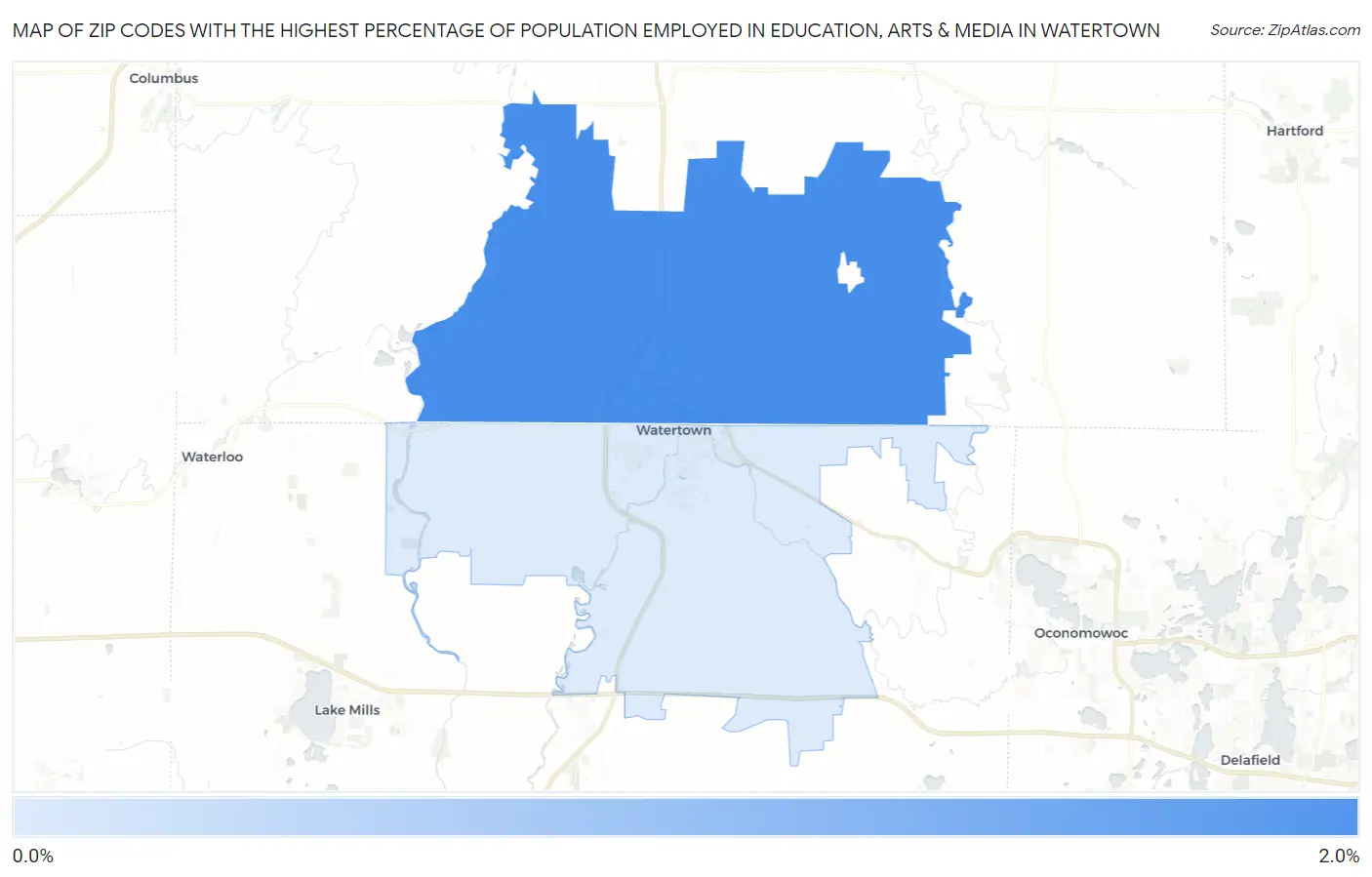 Zip Codes with the Highest Percentage of Population Employed in Education, Arts & Media in Watertown Map