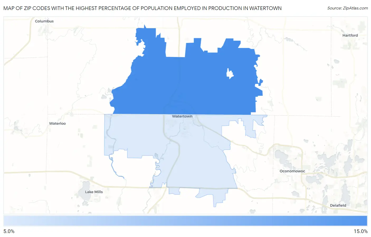 Zip Codes with the Highest Percentage of Population Employed in Production in Watertown Map