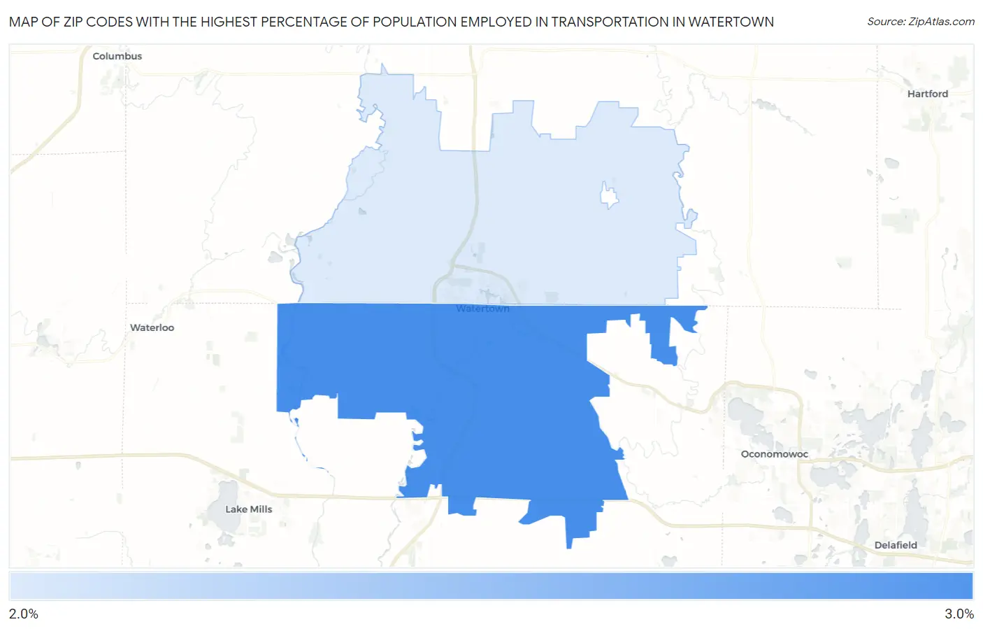 Zip Codes with the Highest Percentage of Population Employed in Transportation in Watertown Map