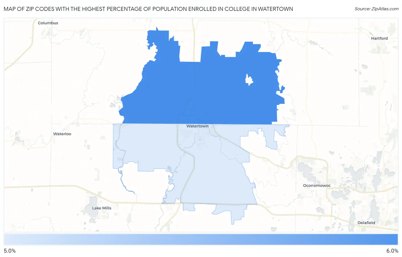 Zip Codes with the Highest Percentage of Population Enrolled in College in Watertown Map
