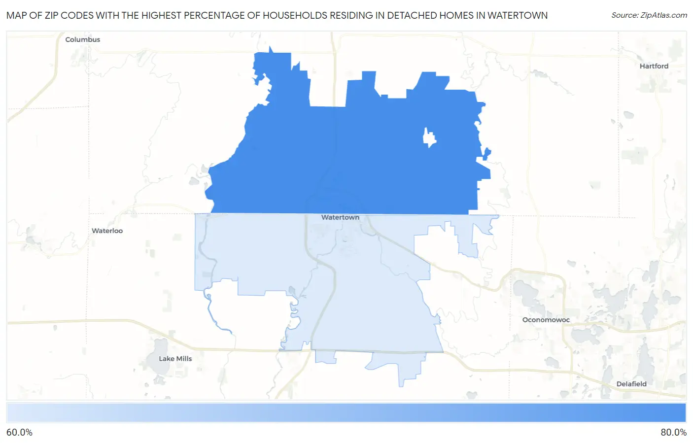 Zip Codes with the Highest Percentage of Households Residing in Detached Homes in Watertown Map