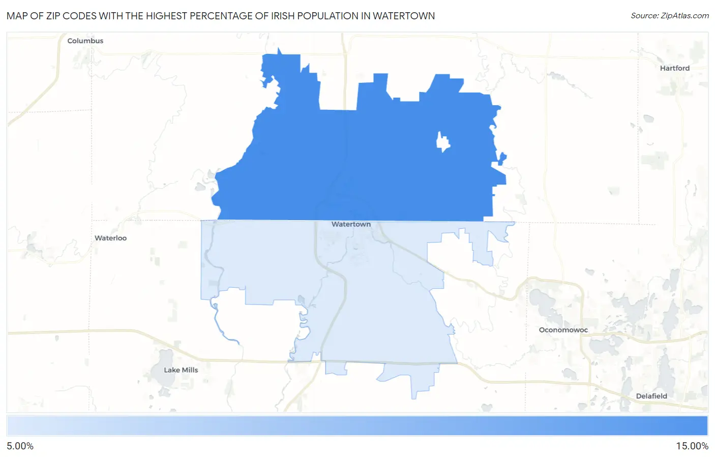 Zip Codes with the Highest Percentage of Irish Population in Watertown Map