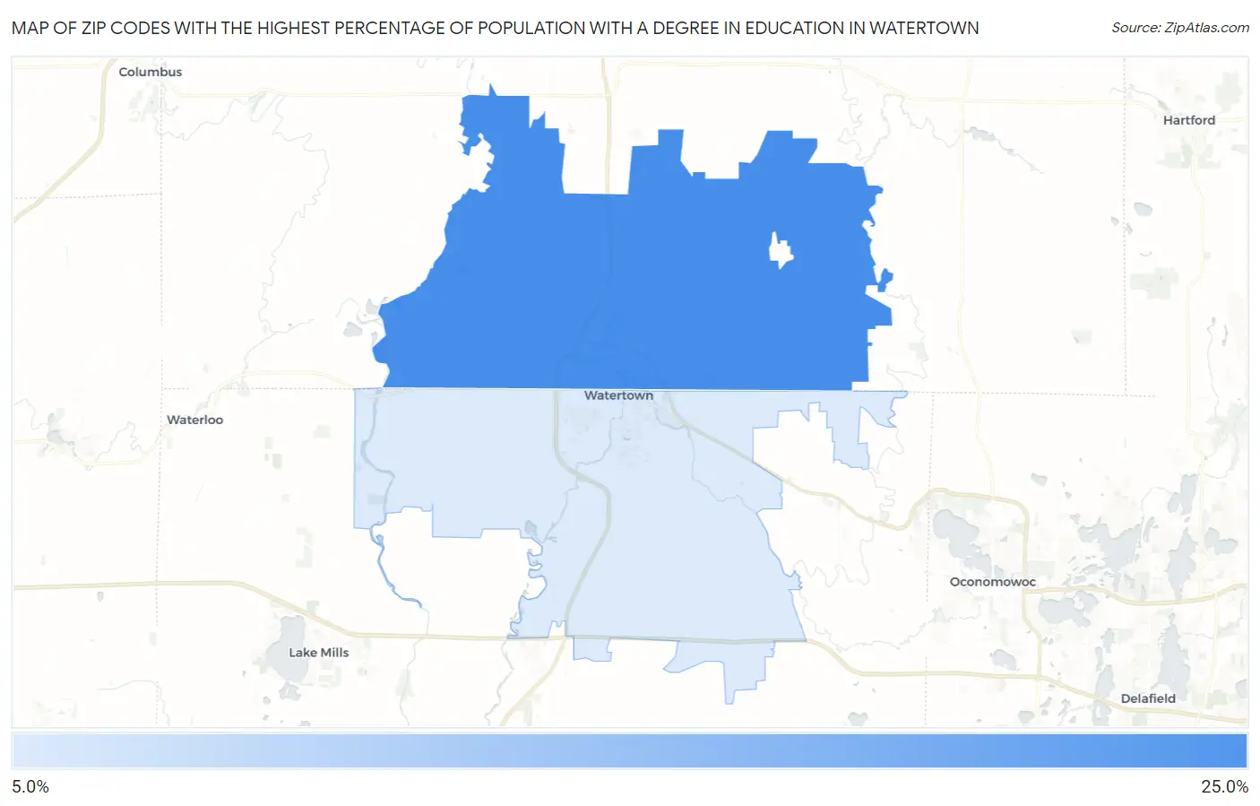 Zip Codes with the Highest Percentage of Population with a Degree in Education in Watertown Map