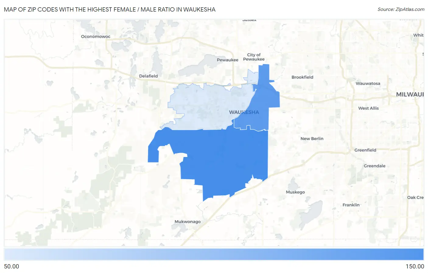 Zip Codes with the Highest Female / Male Ratio in Waukesha Map
