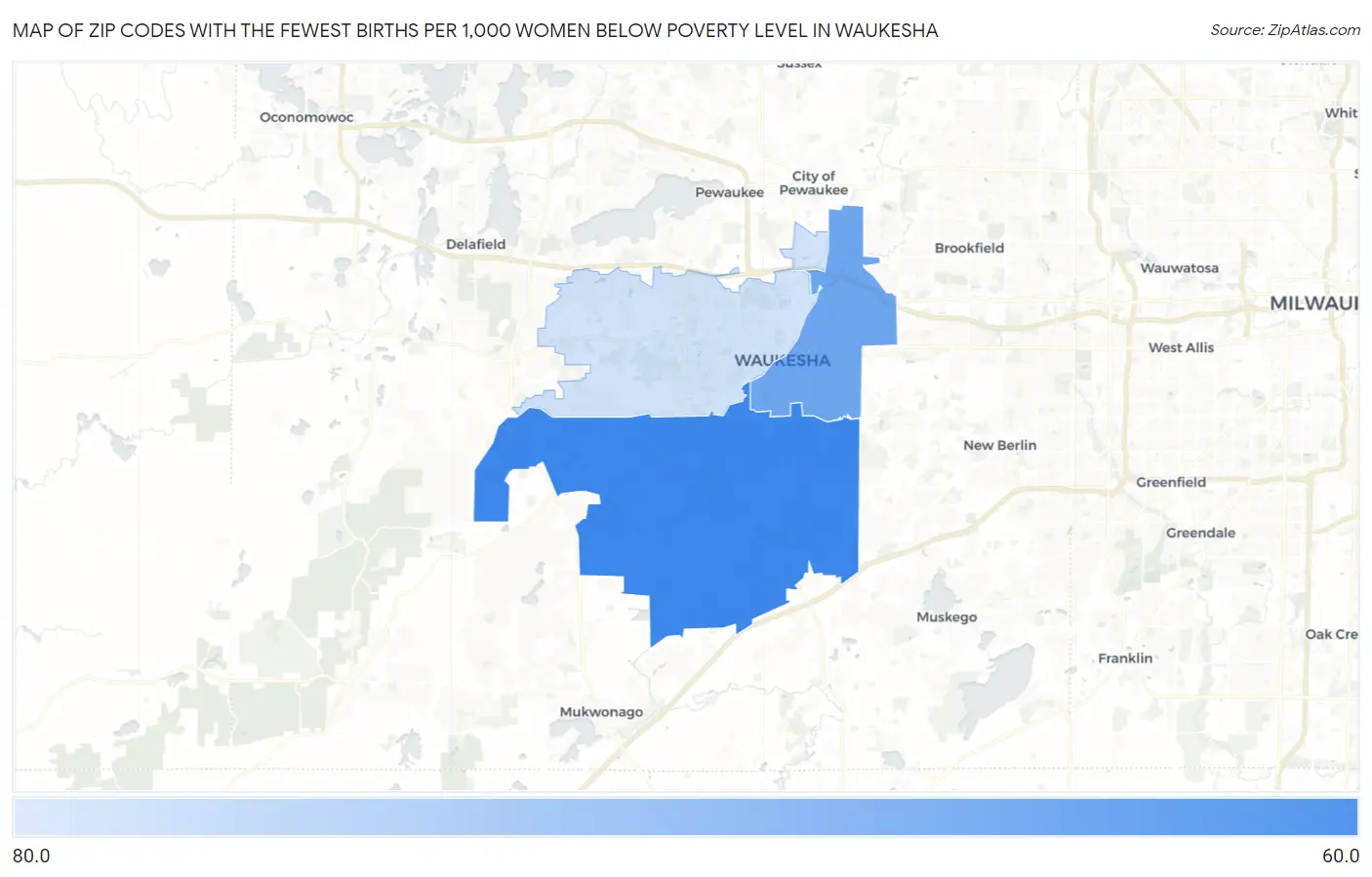 Zip Codes with the Fewest Births per 1,000 Women Below Poverty Level in Waukesha Map