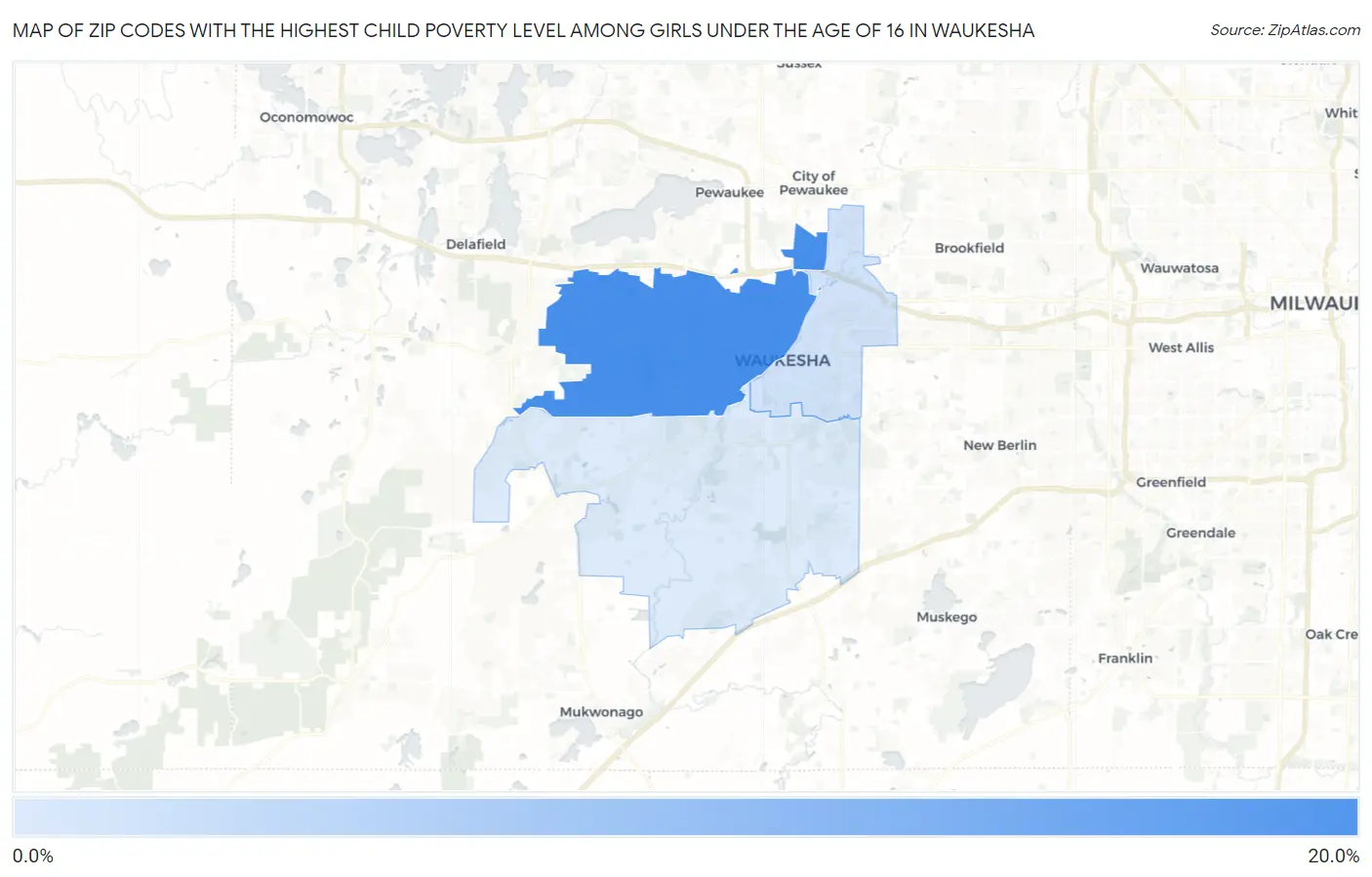 Zip Codes with the Highest Child Poverty Level Among Girls Under the Age of 16 in Waukesha Map