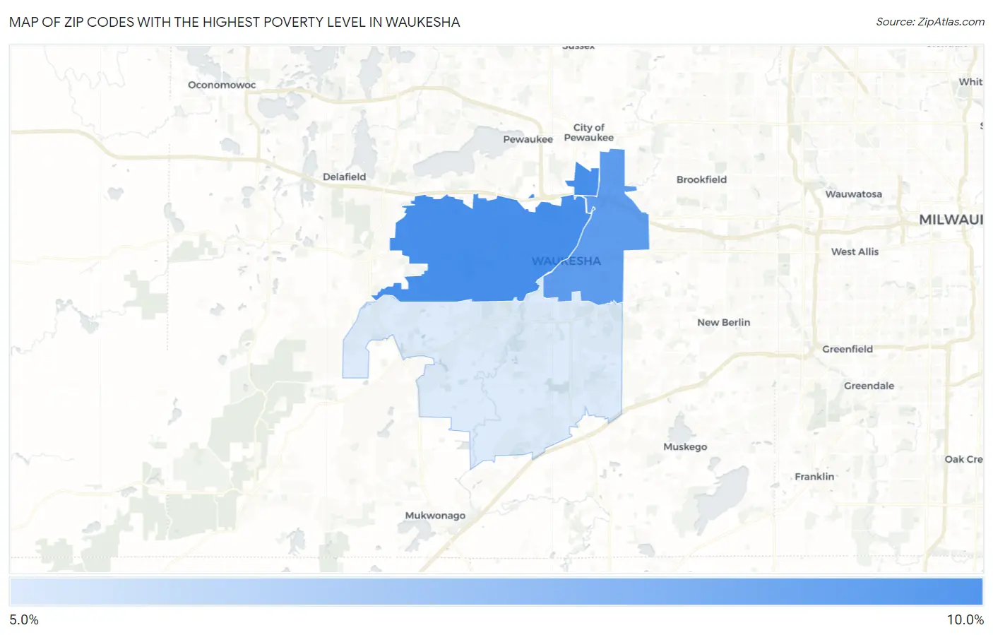 Zip Codes with the Highest Poverty Level in Waukesha Map