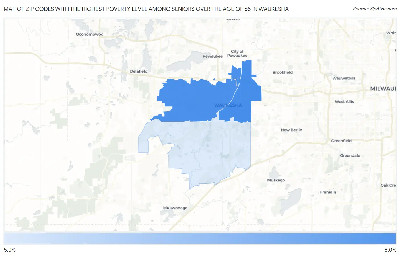 Zip Codes with the Highest Poverty Level Among Seniors Over the Age of 65 in Waukesha Map