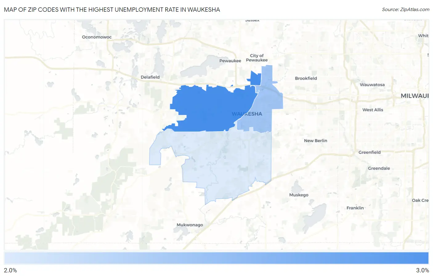 Zip Codes with the Highest Unemployment Rate in Waukesha Map