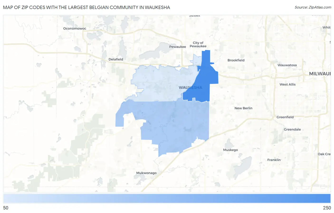 Zip Codes with the Largest Belgian Community in Waukesha Map