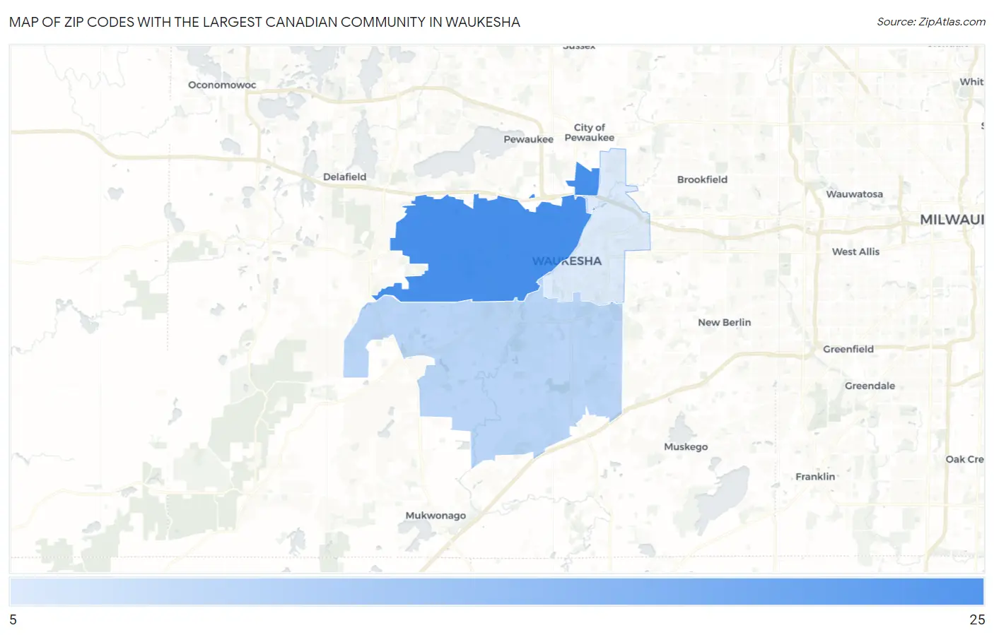 Zip Codes with the Largest Canadian Community in Waukesha Map