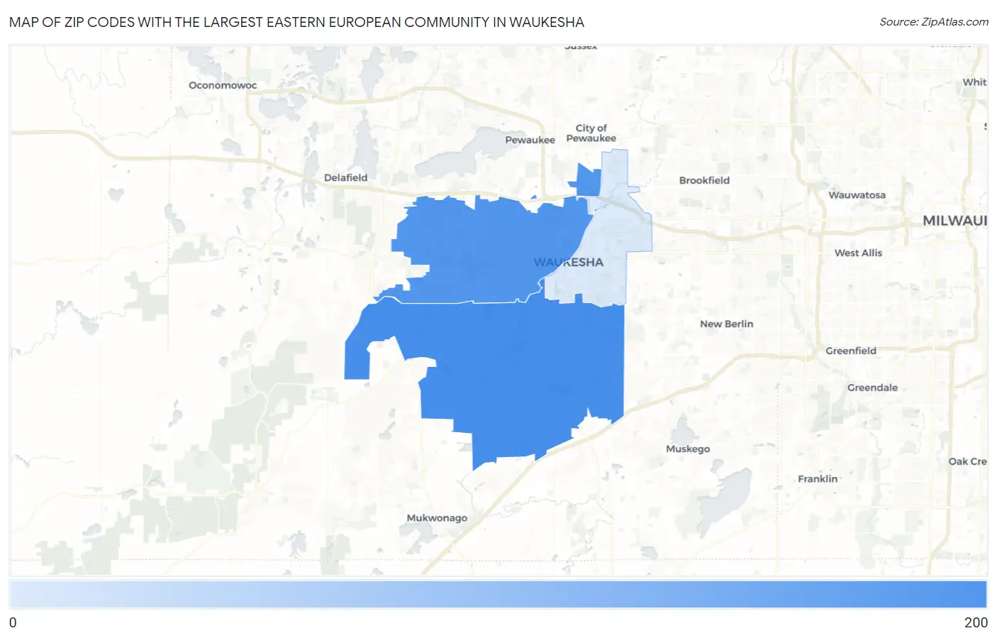 Zip Codes with the Largest Eastern European Community in Waukesha Map