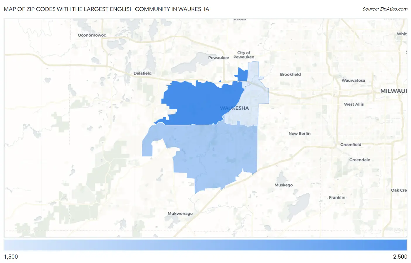Zip Codes with the Largest English Community in Waukesha Map
