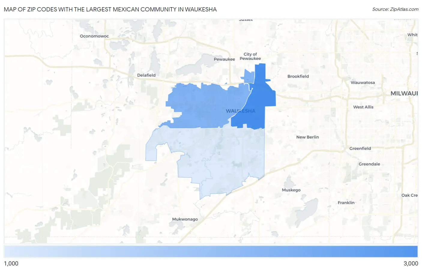 Zip Codes with the Largest Mexican Community in Waukesha Map
