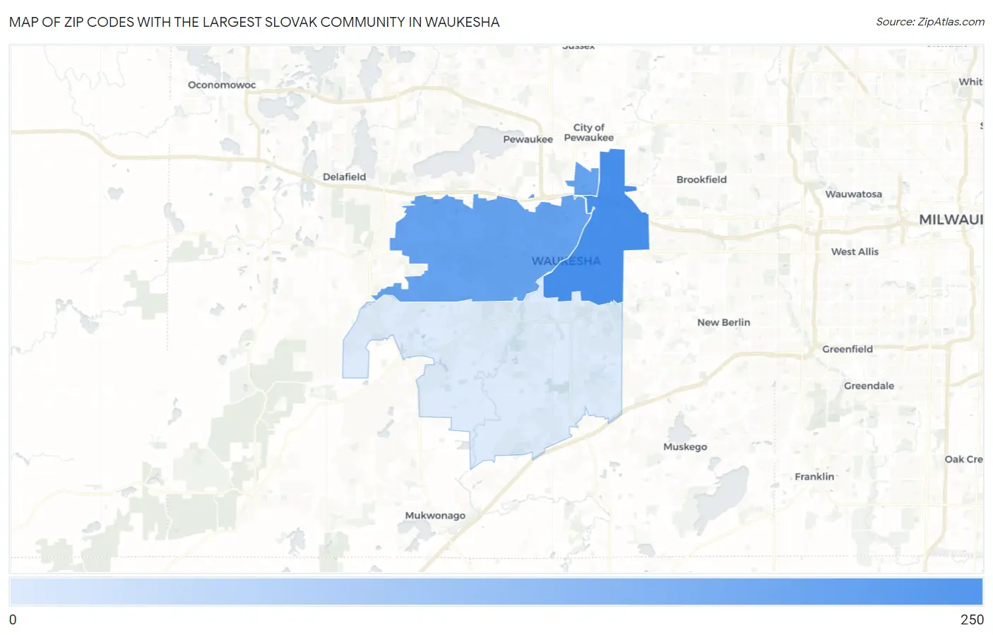 Zip Codes with the Largest Slovak Community in Waukesha Map