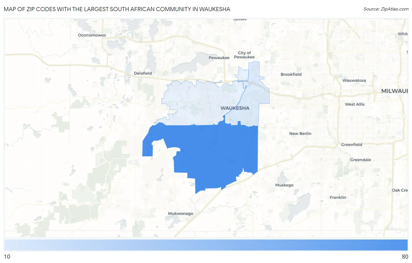 Zip Codes with the Largest South African Community in Waukesha Map