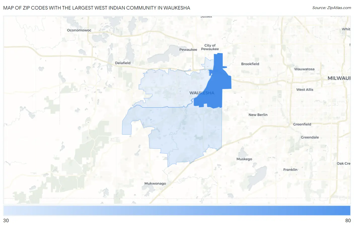 Zip Codes with the Largest West Indian Community in Waukesha Map