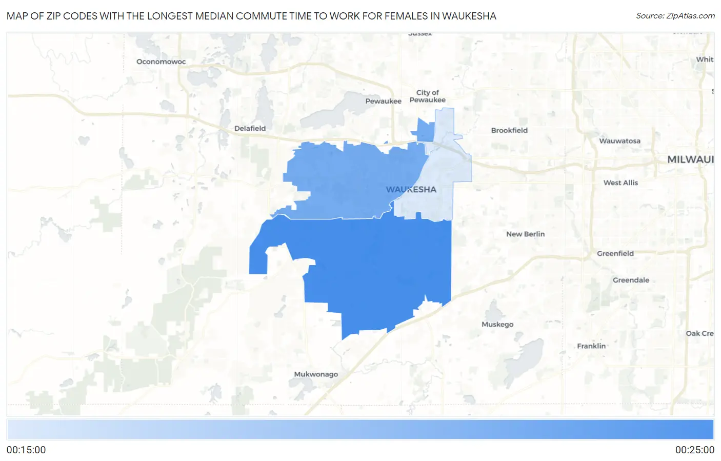 Zip Codes with the Longest Median Commute Time to Work for Females in Waukesha Map