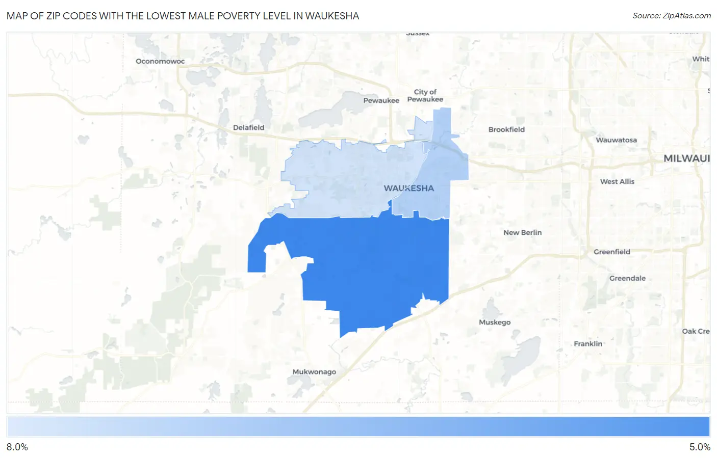 Zip Codes with the Lowest Male Poverty Level in Waukesha Map
