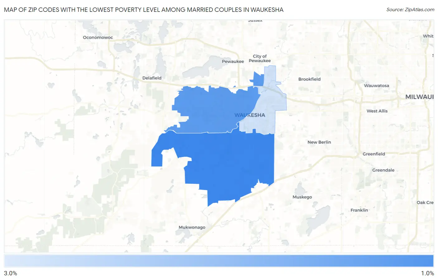 Zip Codes with the Lowest Poverty Level Among Married Couples in Waukesha Map