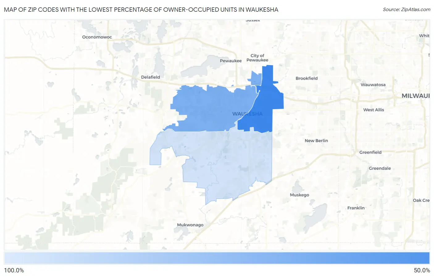Zip Codes with the Lowest Percentage of Owner-Occupied Units in Waukesha Map