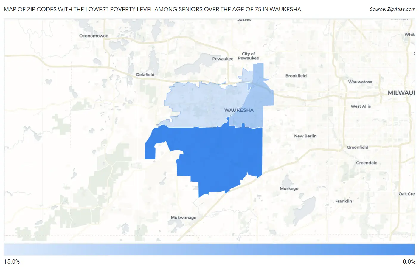 Zip Codes with the Lowest Poverty Level Among Seniors Over the Age of 75 in Waukesha Map