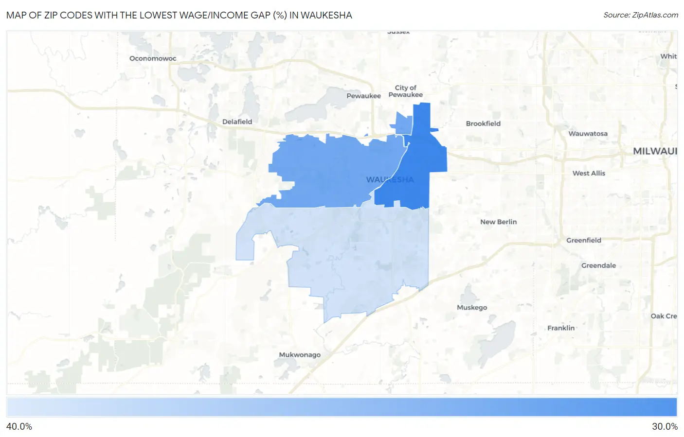 Zip Codes with the Lowest Wage/Income Gap (%) in Waukesha Map