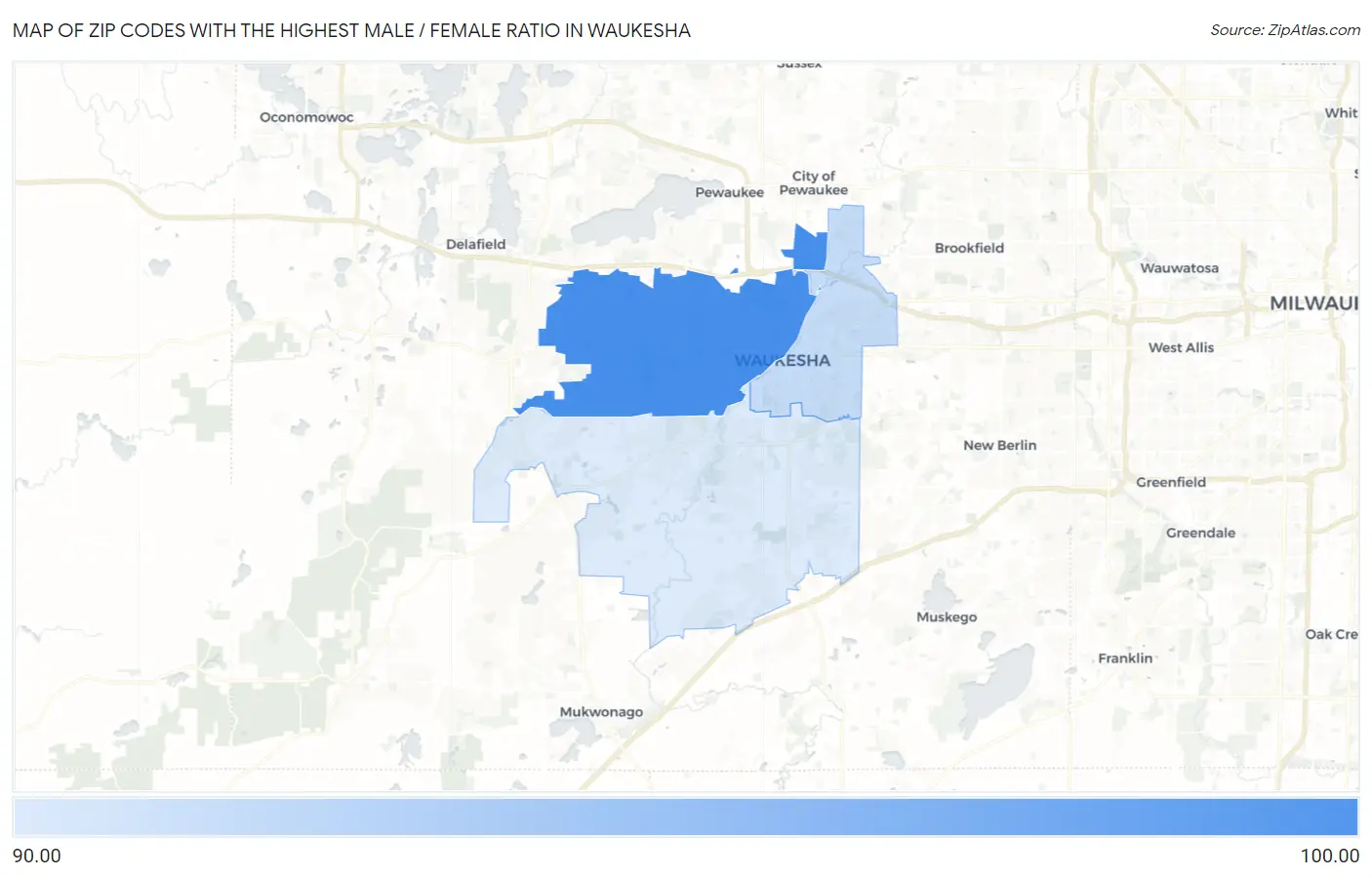 Zip Codes with the Highest Male / Female Ratio in Waukesha Map