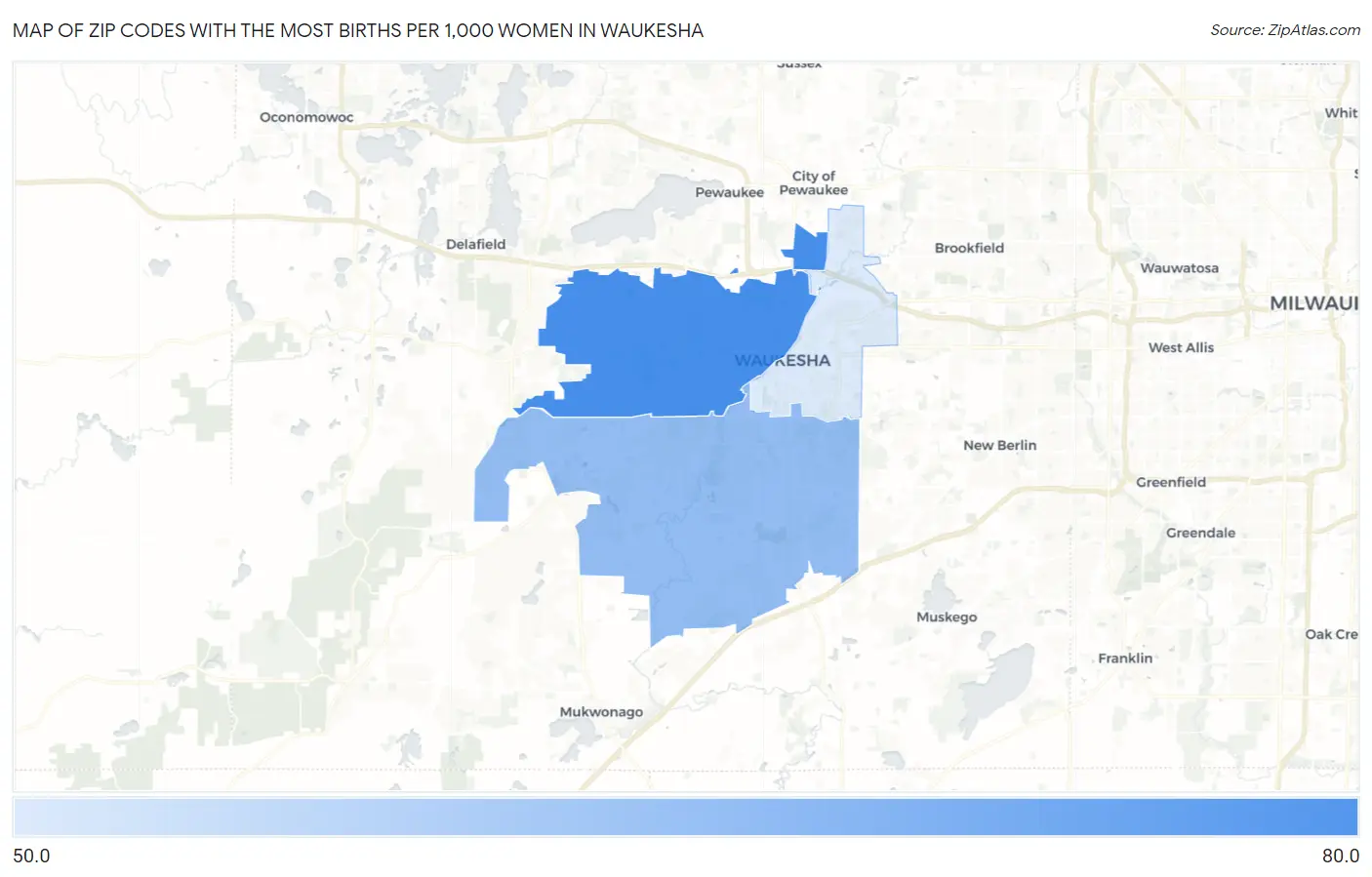 Zip Codes with the Most Births per 1,000 Women in Waukesha Map