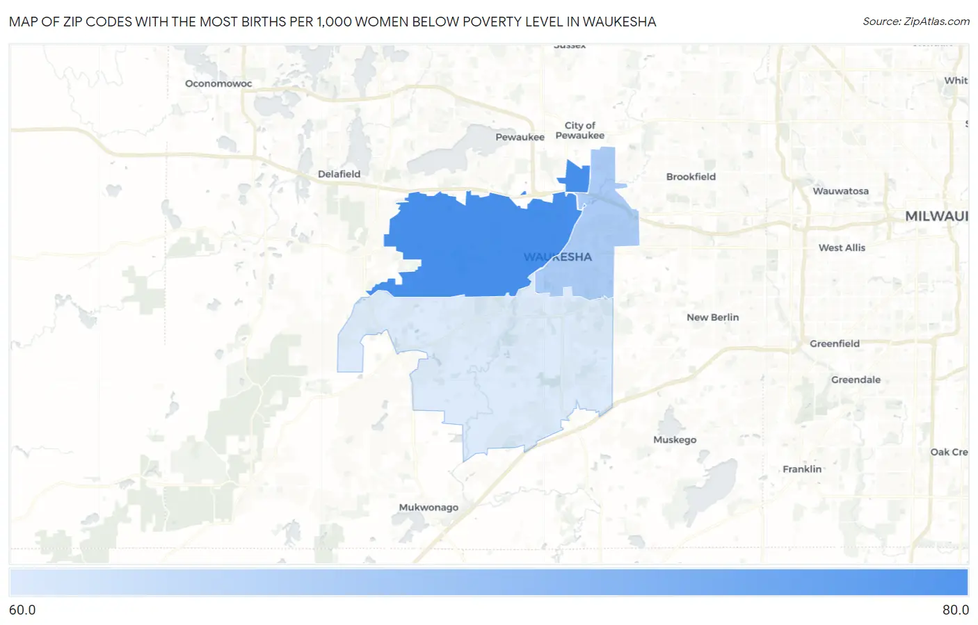 Zip Codes with the Most Births per 1,000 Women Below Poverty Level in Waukesha Map