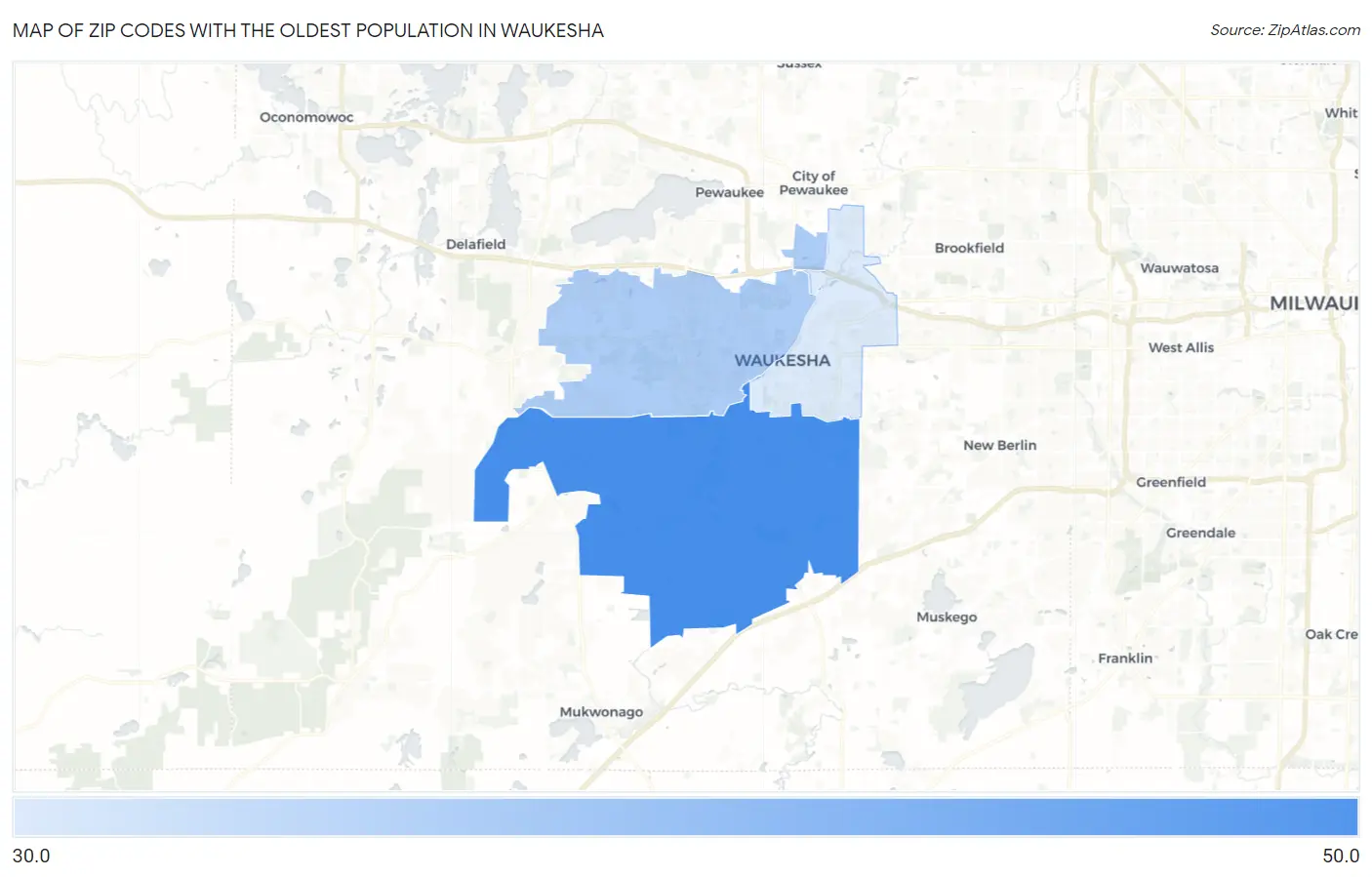 Zip Codes with the Oldest Population in Waukesha Map