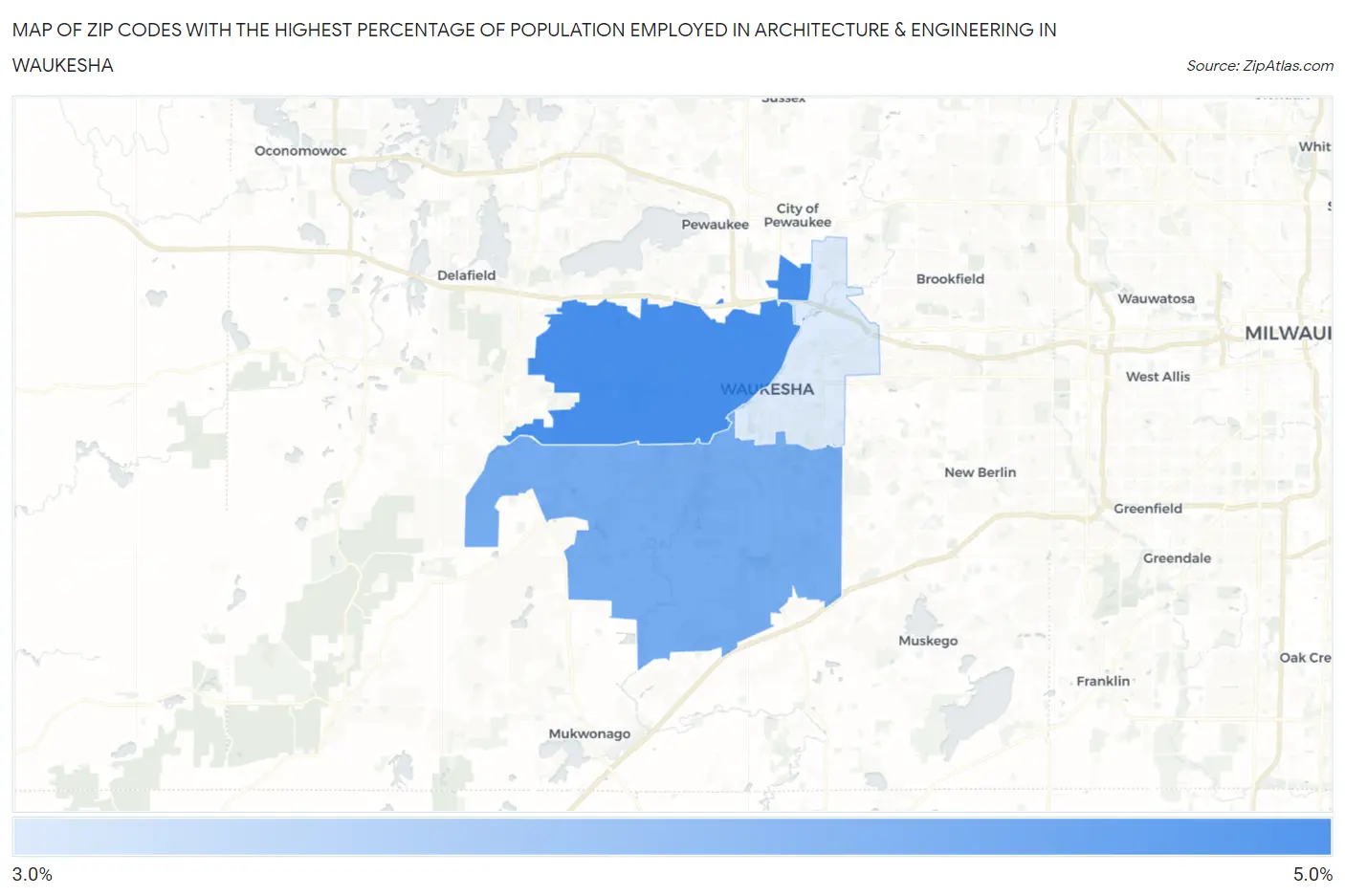 Zip Codes with the Highest Percentage of Population Employed in Architecture & Engineering in Waukesha Map