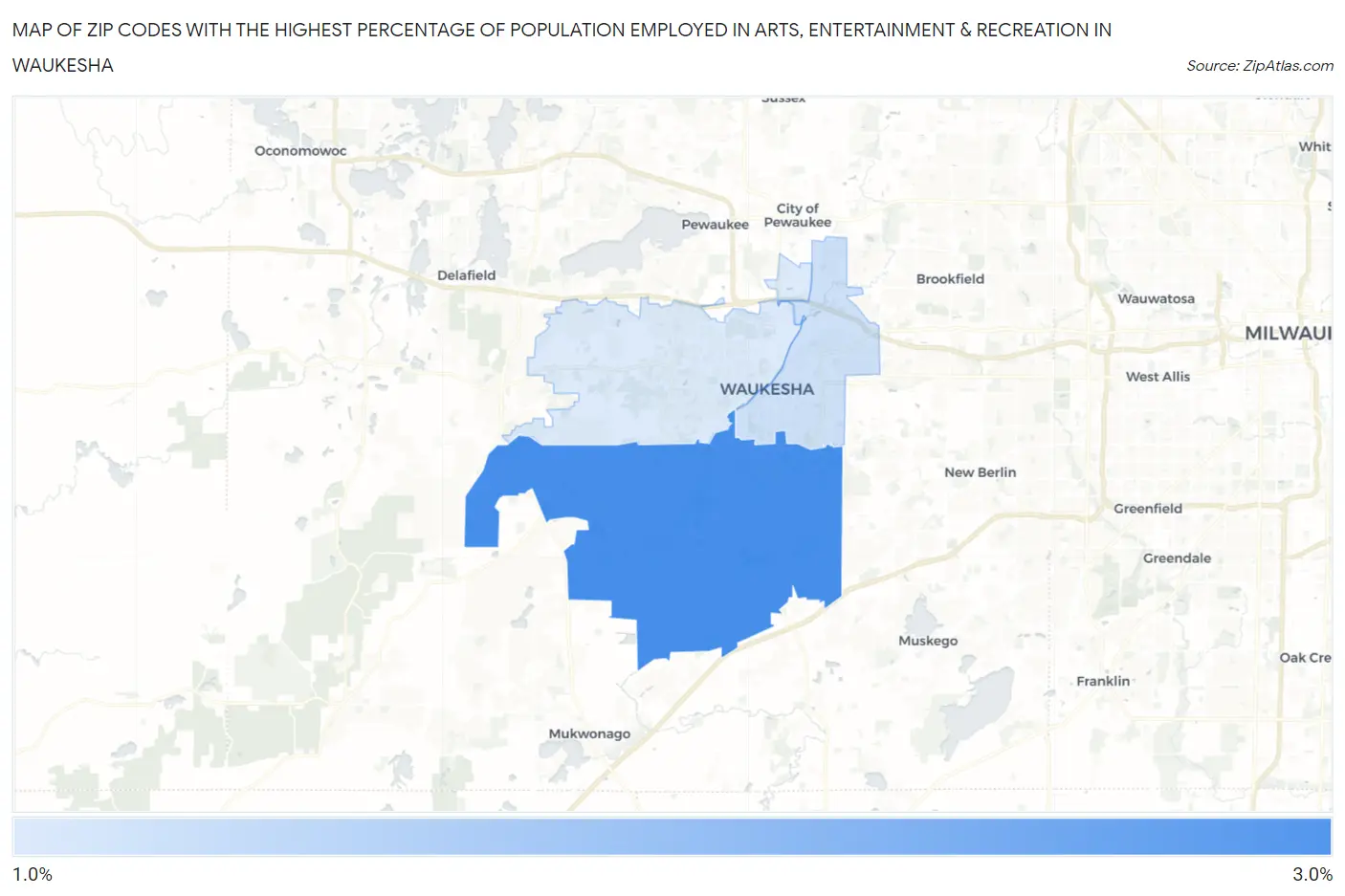 Zip Codes with the Highest Percentage of Population Employed in Arts, Entertainment & Recreation in Waukesha Map