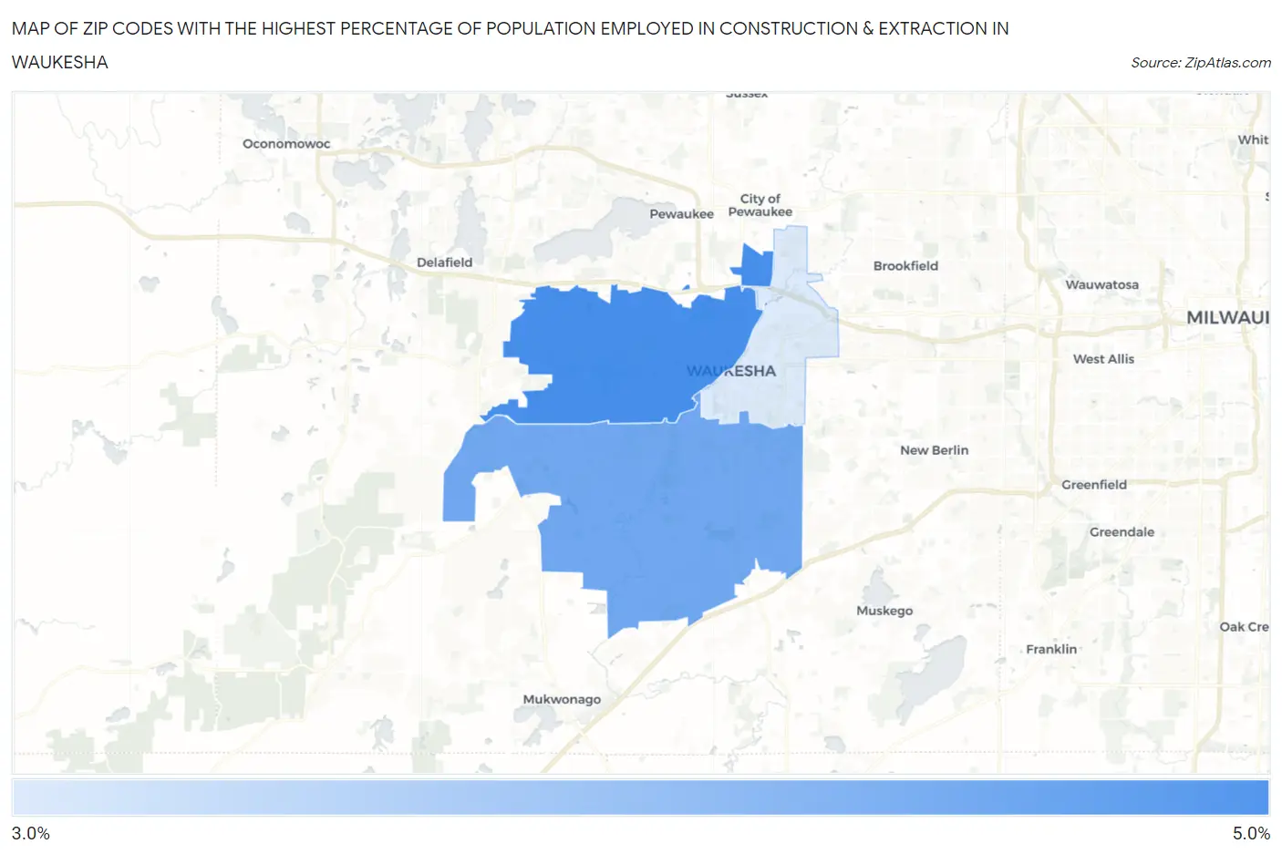 Zip Codes with the Highest Percentage of Population Employed in Construction & Extraction in Waukesha Map