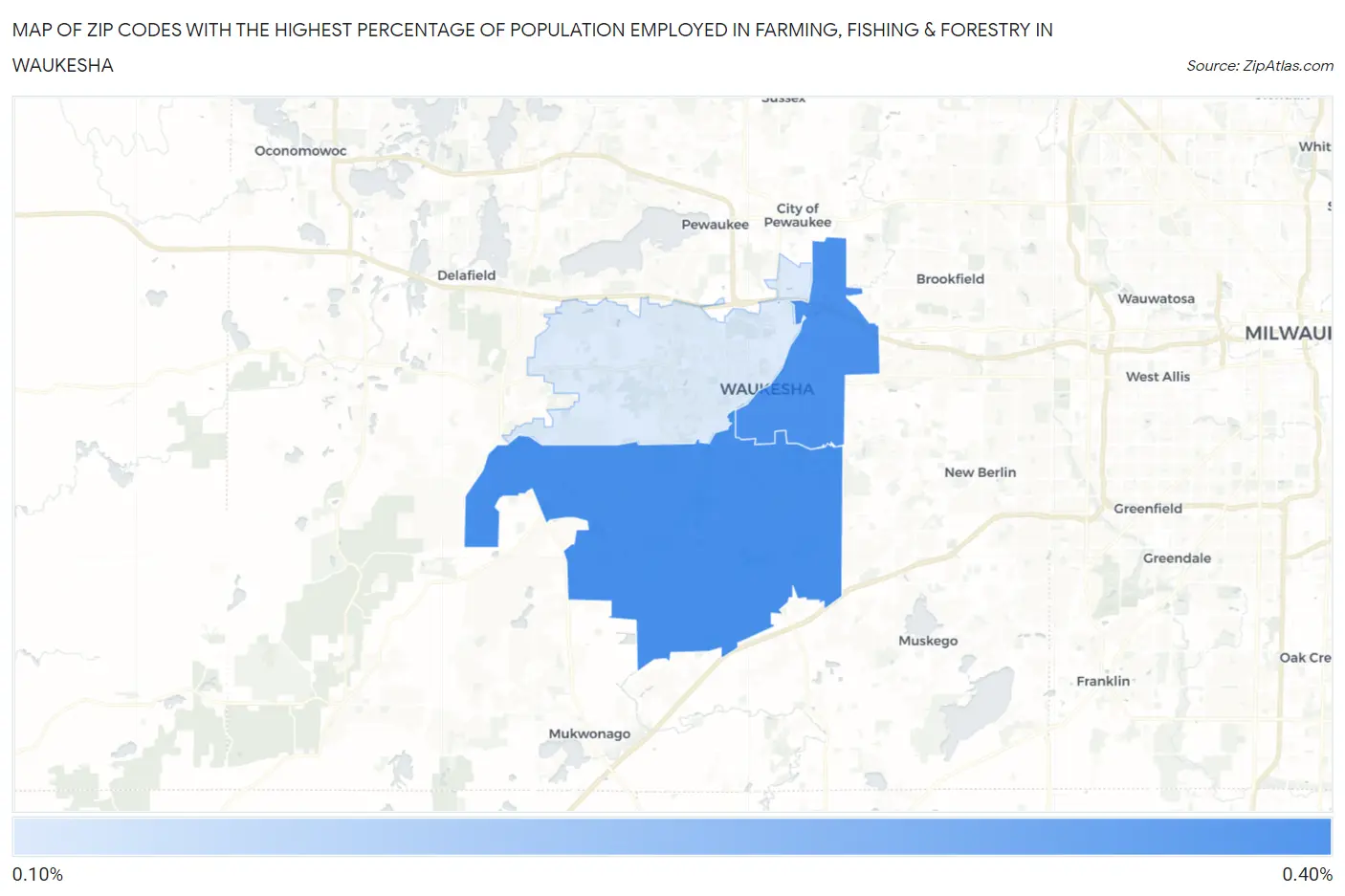 Zip Codes with the Highest Percentage of Population Employed in Farming, Fishing & Forestry in Waukesha Map