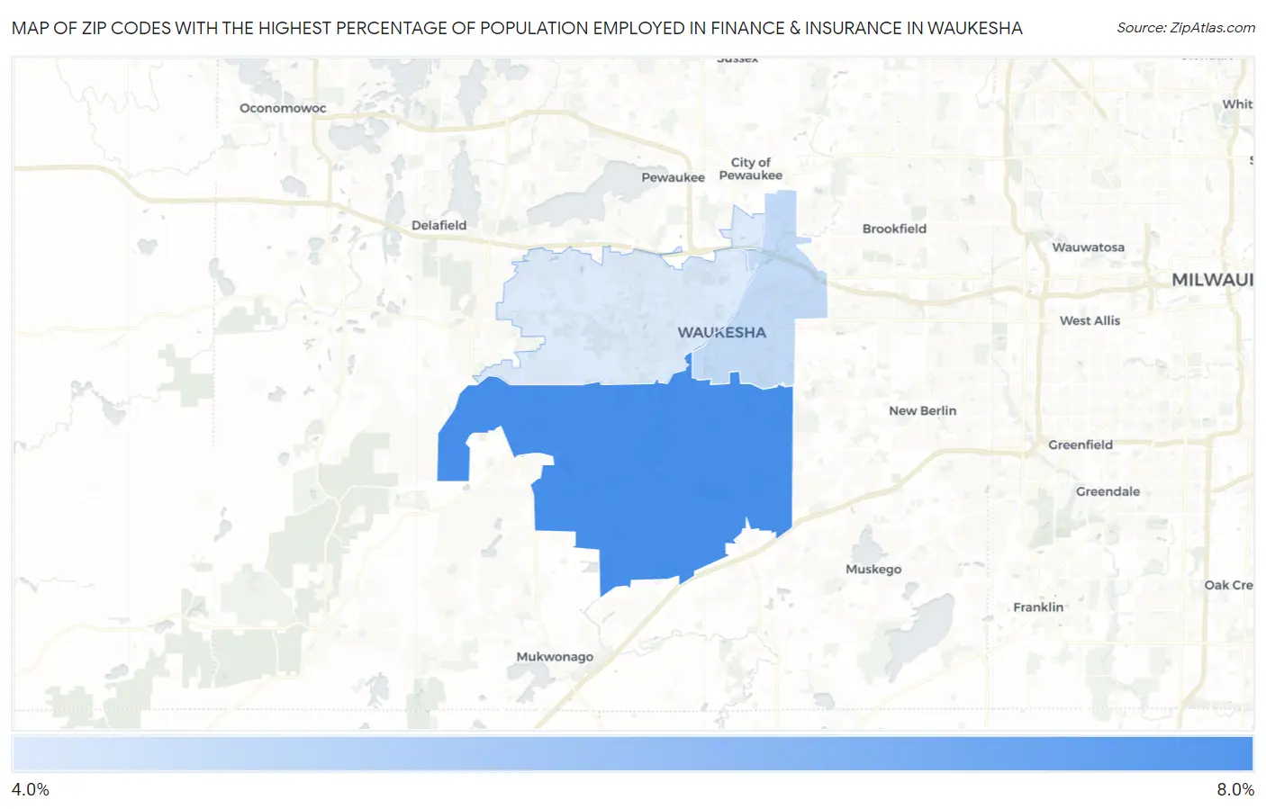 Zip Codes with the Highest Percentage of Population Employed in Finance & Insurance in Waukesha Map