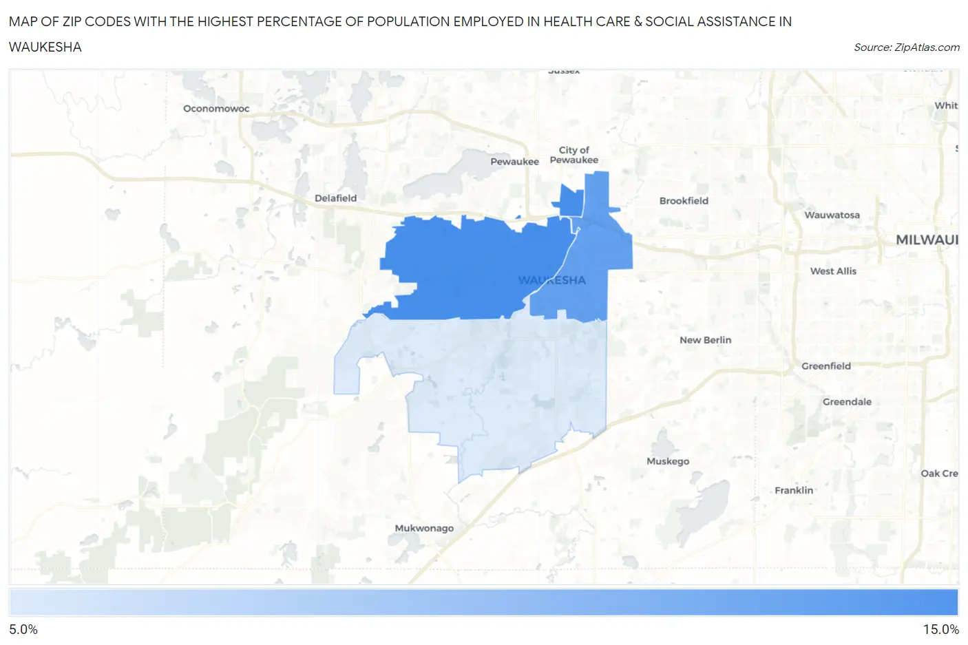 Zip Codes with the Highest Percentage of Population Employed in Health Care & Social Assistance in Waukesha Map