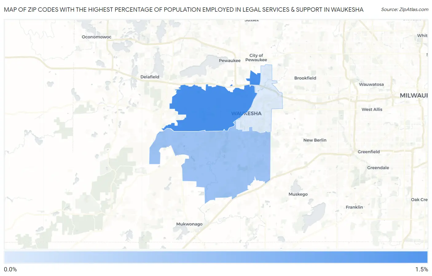Zip Codes with the Highest Percentage of Population Employed in Legal Services & Support in Waukesha Map