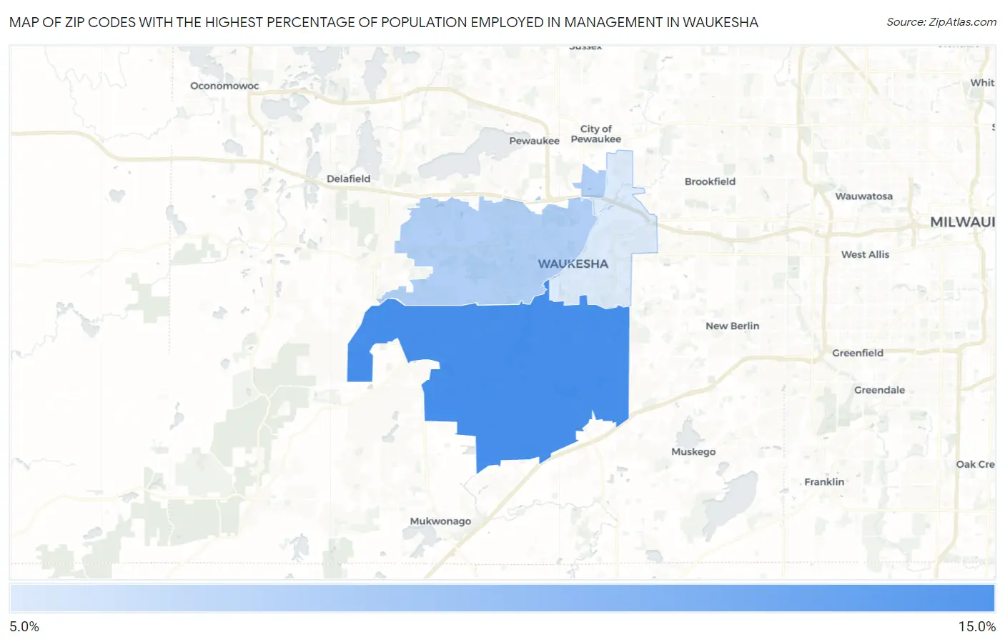 Zip Codes with the Highest Percentage of Population Employed in Management in Waukesha Map