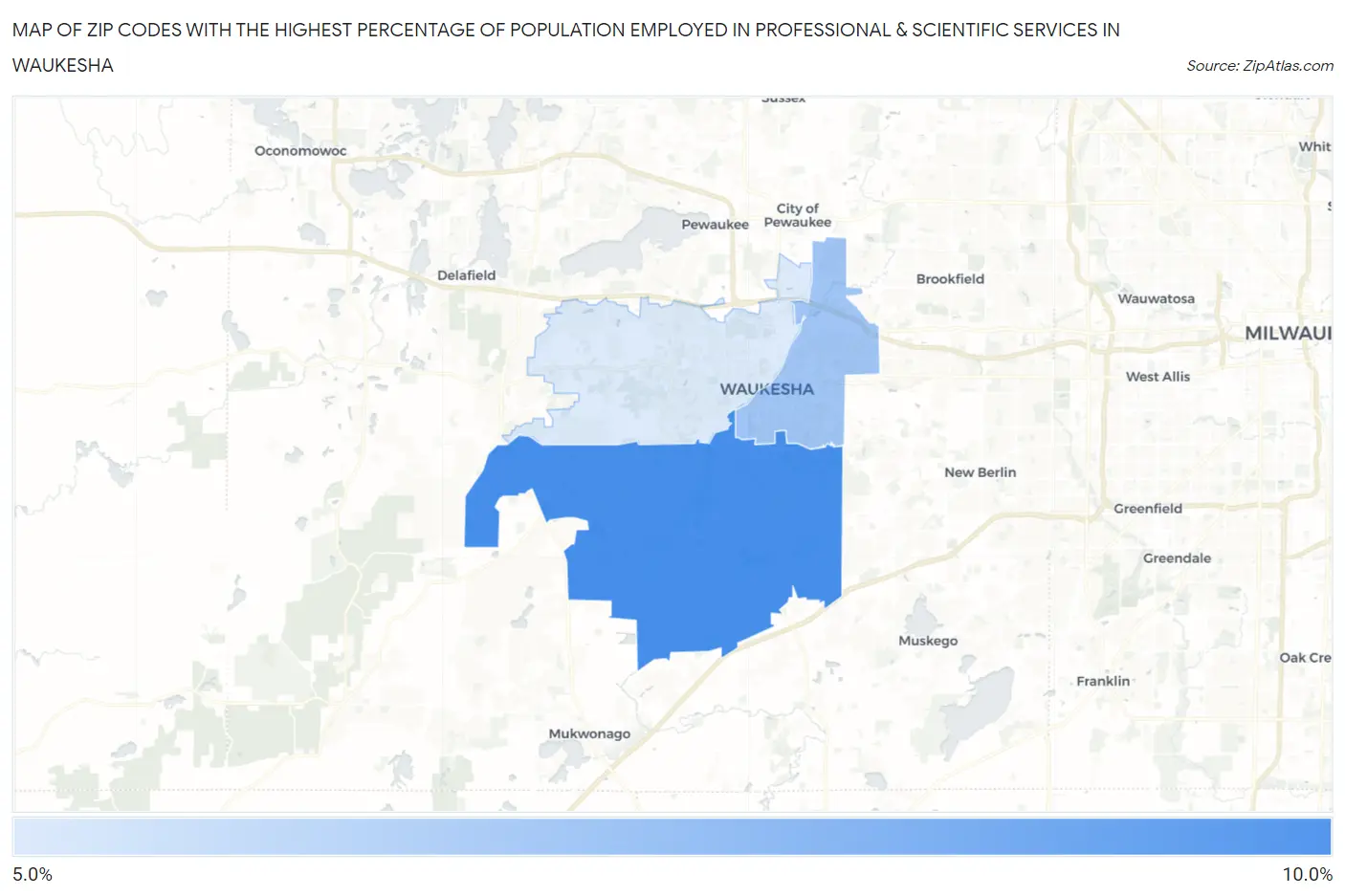 Zip Codes with the Highest Percentage of Population Employed in Professional & Scientific Services in Waukesha Map