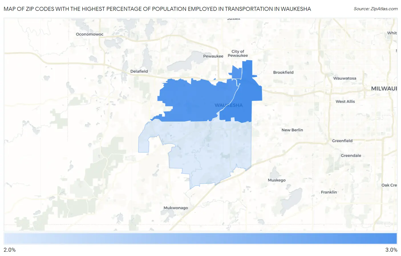 Zip Codes with the Highest Percentage of Population Employed in Transportation in Waukesha Map