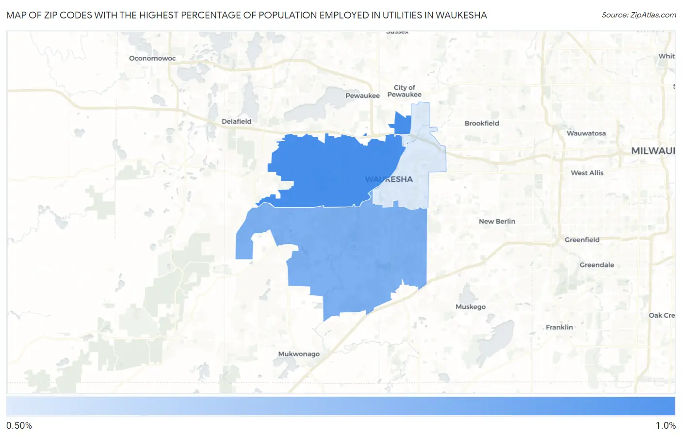 Zip Codes with the Highest Percentage of Population Employed in Utilities in Waukesha Map