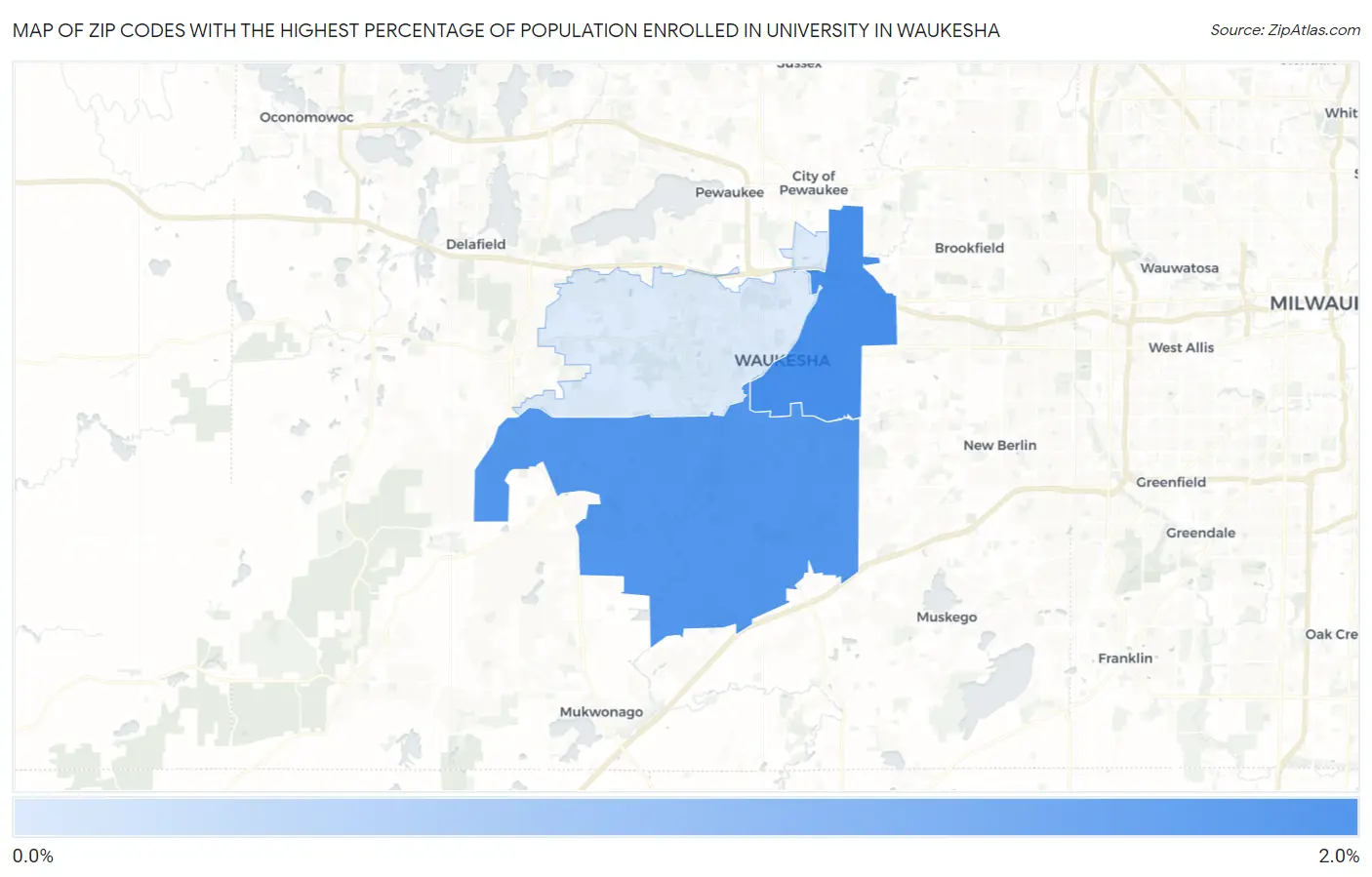 Zip Codes with the Highest Percentage of Population Enrolled in University in Waukesha Map