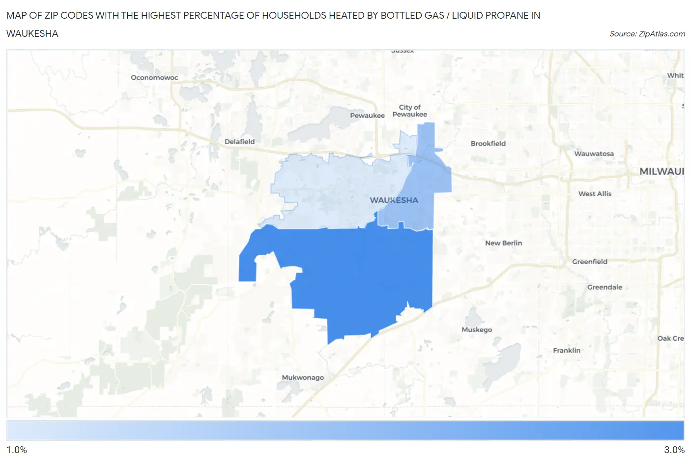 Zip Codes with the Highest Percentage of Households Heated by Bottled Gas / Liquid Propane in Waukesha Map