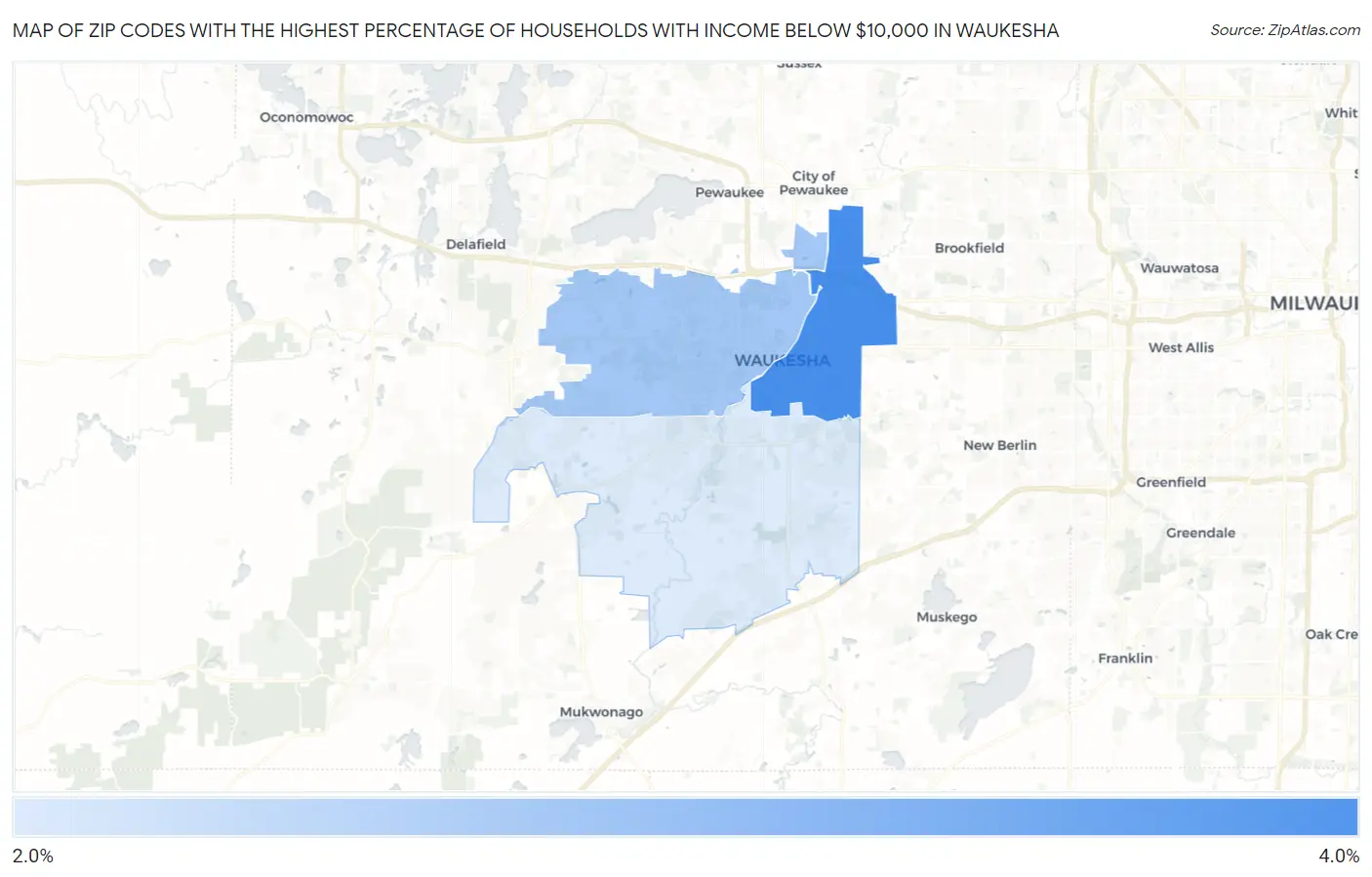 Zip Codes with the Highest Percentage of Households with Income Below $10,000 in Waukesha Map