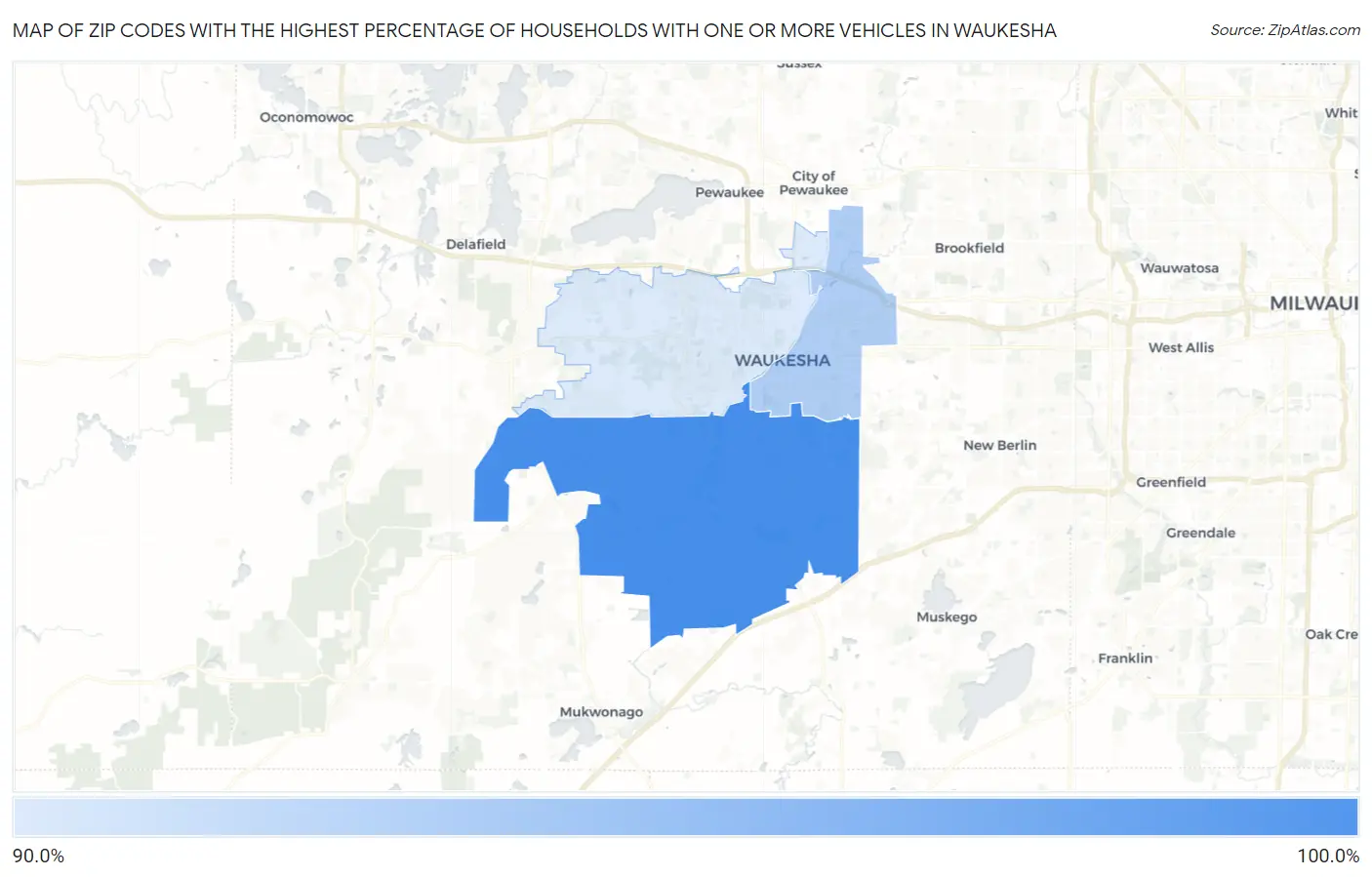 Zip Codes with the Highest Percentage of Households With One or more Vehicles in Waukesha Map